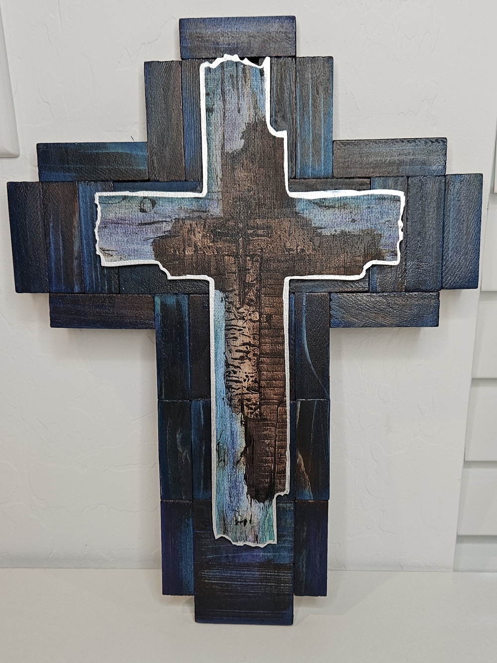 Handcrafted Blue & Brown Wooden Cross Wall Decor - Picture 9 of 10